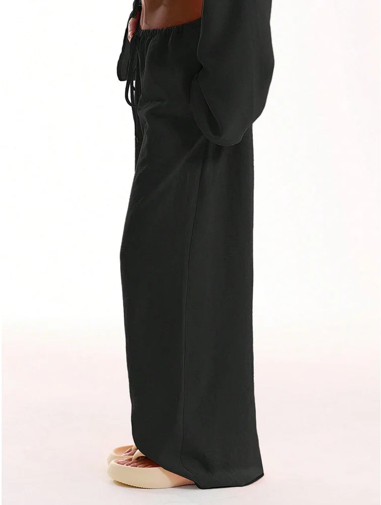 Wide Leg Pants Fashion Women Black Solid Loose Drawstring Baggy Pant 2026 New Spring Summer Casual Pocket High Waist Trousers