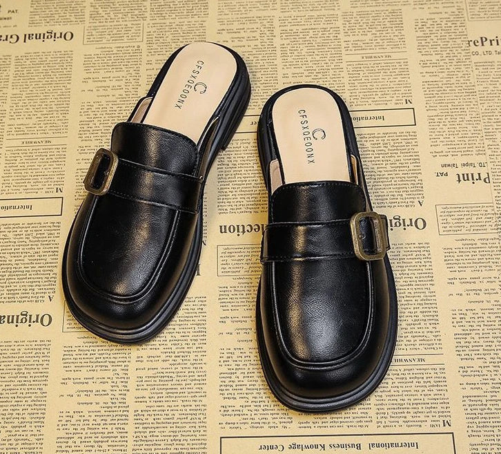 Leather Women's Slippers And Ladies Sandals Round Toe Mules Shoes Black Slides On Promotion Youthful Emo Sale Easy Wears Eva 39