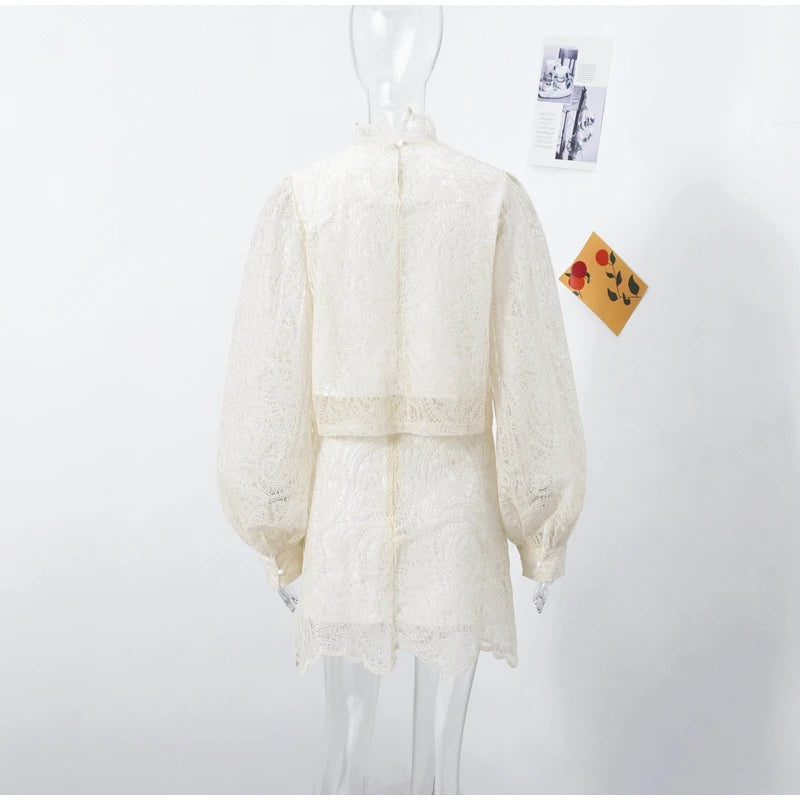 Lace Elegant Skirt Two Piece Set Women Turtleneck Hollow Out Lantern Sleeve Tops Irregular Hem Mini Skirt 2025 Chic Party Suit