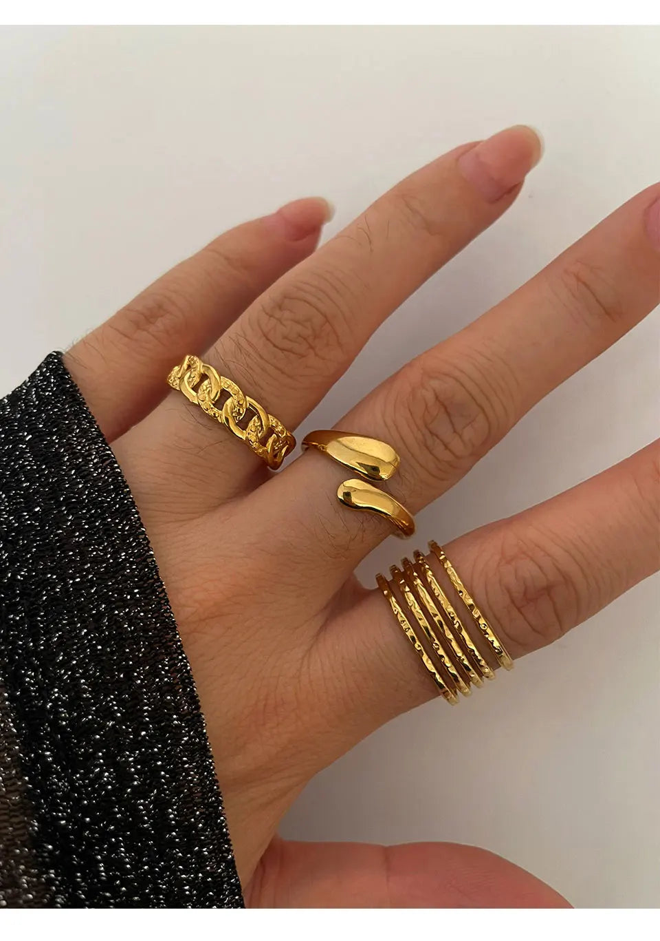 Peri'sbox 3pcs Stainless Steel Waterproof Women Rings Multi-layer Metal Texture Geometric Chain Open Ring Fashion Party Jewelry