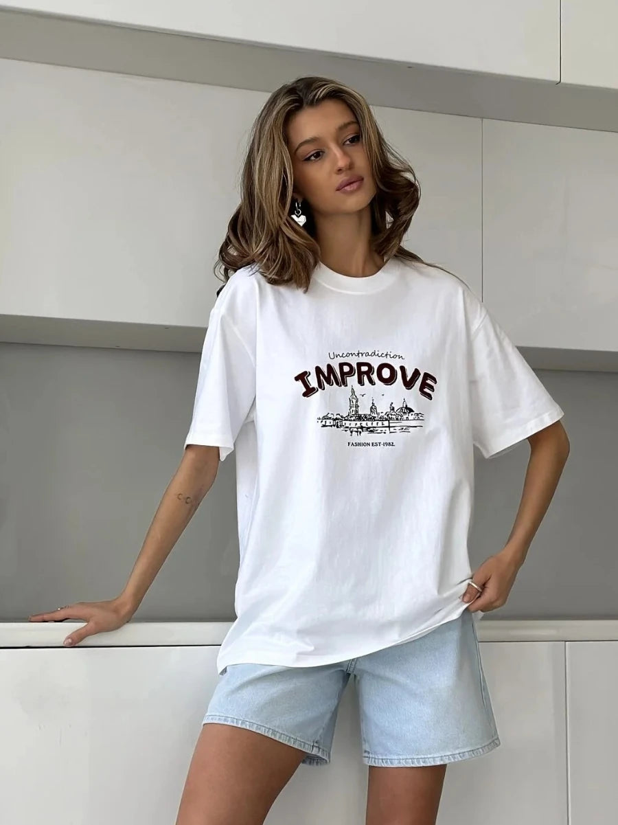 Sumuyoo 100% Cotton Women's Casual Printed T-shirt Fashionable Short-sleeve Printing T Shirts Hip Hop Loose Top