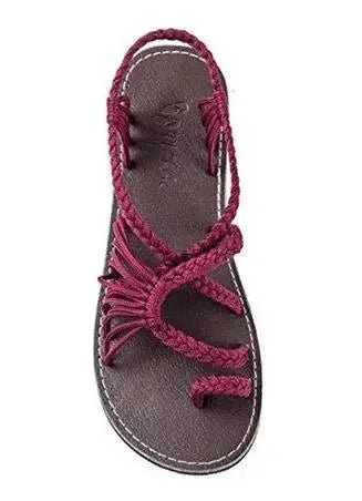 Large Size Rope Knot Summer Beach Flat Bottom Sandals Women's Shoes Wish Flat Sandals Open Toe Rubber Sole Ankle Strap