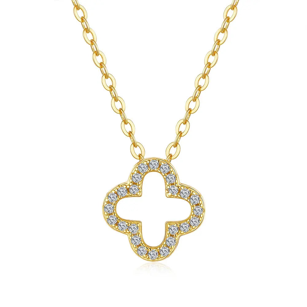 Luxury 100% Real 18k Gold Women's Lucky Grass Pendant Clavicle Chain Full Set Moissanite Necklace
