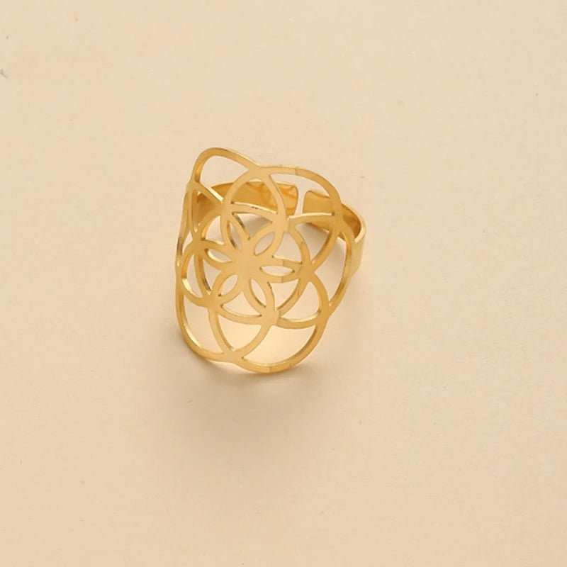 Geometric Zircon Rings For Women Gold Color Stainless Steel Flower Heart Hollow Multilayer Adjustable Open Rings Jewelry Gifts