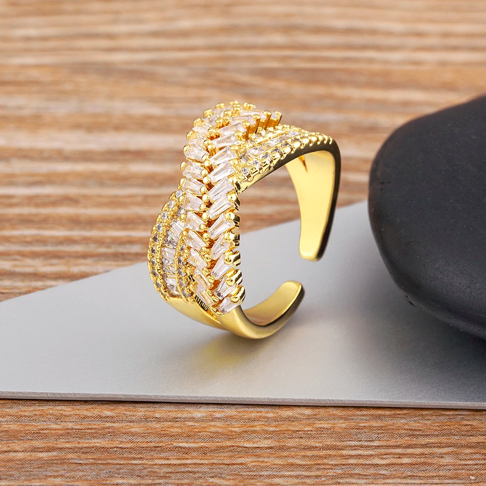 Nidin New Trendy Crystal Double Deck Cross Rings Charm Cubic Zirconia Intersect Opening Adjustable Finger Ring Jewelry Gift