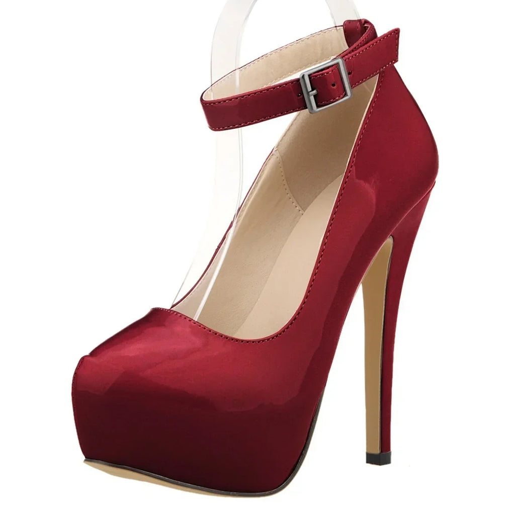 New Women Pumps 14cm Sexy Concise Buckle Supper High Heels Fashion Ankle Strap  Patent Leather Red Wedding Shoes Plus Size