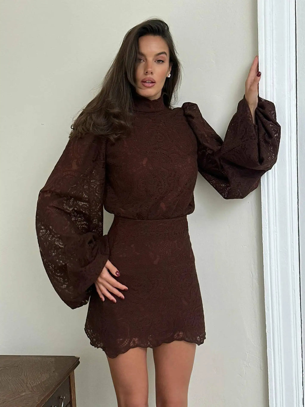 Lace Elegant Skirt Two Piece Set Women Turtleneck Hollow Out Lantern Sleeve Tops Irregular Hem Mini Skirt 2025 Chic Party Suit
