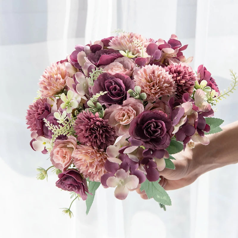 Artificial Silk Hydrangea Rose Flowers Wedding Bridal Bouquet Outdoor Yard Holiday Ornament Vase Home Room Decoration Scrapbooks