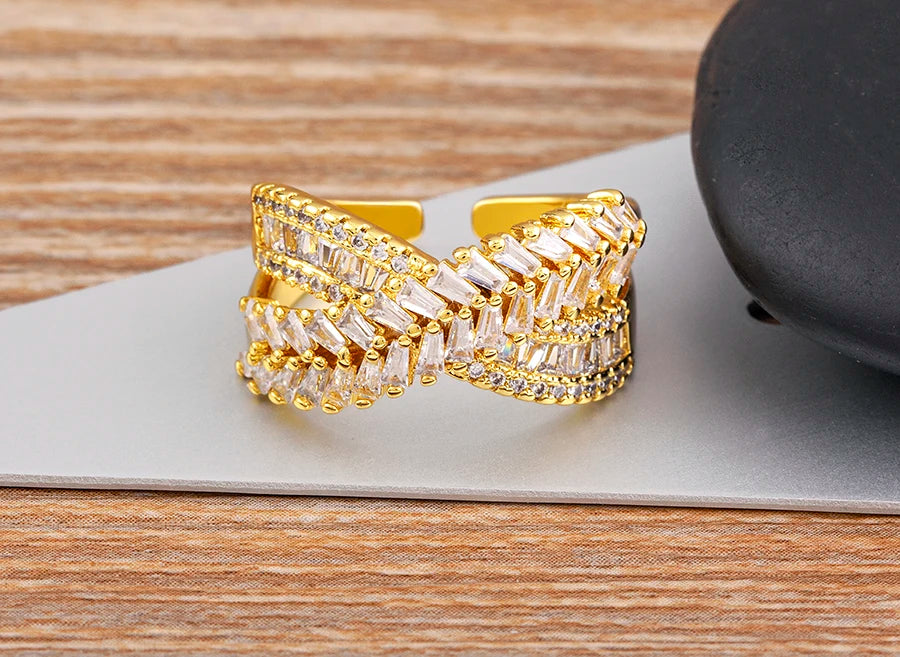 Nidin New Trendy Crystal Double Deck Cross Rings Charm Cubic Zirconia Intersect Opening Adjustable Finger Ring Jewelry Gift