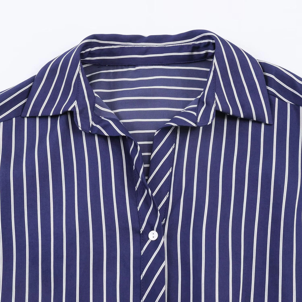 European and American style spring and summer new product women's clothing lapel bubble sleeve casual commuting striped shirt