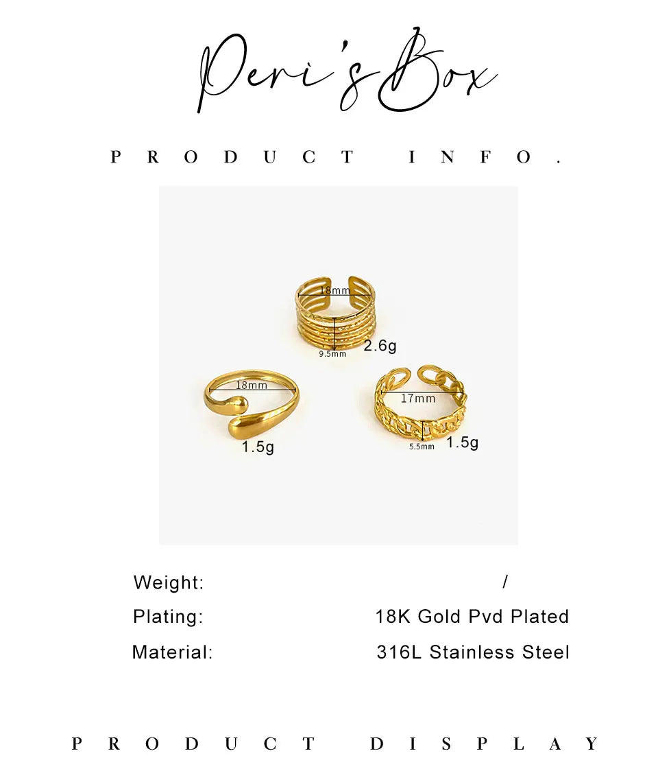 Peri'sbox 3pcs Stainless Steel Waterproof Women Rings Multi-layer Metal Texture Geometric Chain Open Ring Fashion Party Jewelry