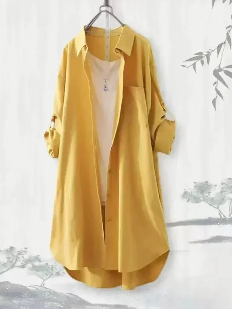 Plus Size Women Tops Blouses Loose Breathable Midi clothing Korean Casual Shirts Women Simple Solid Female Long Sleeved Blouses
