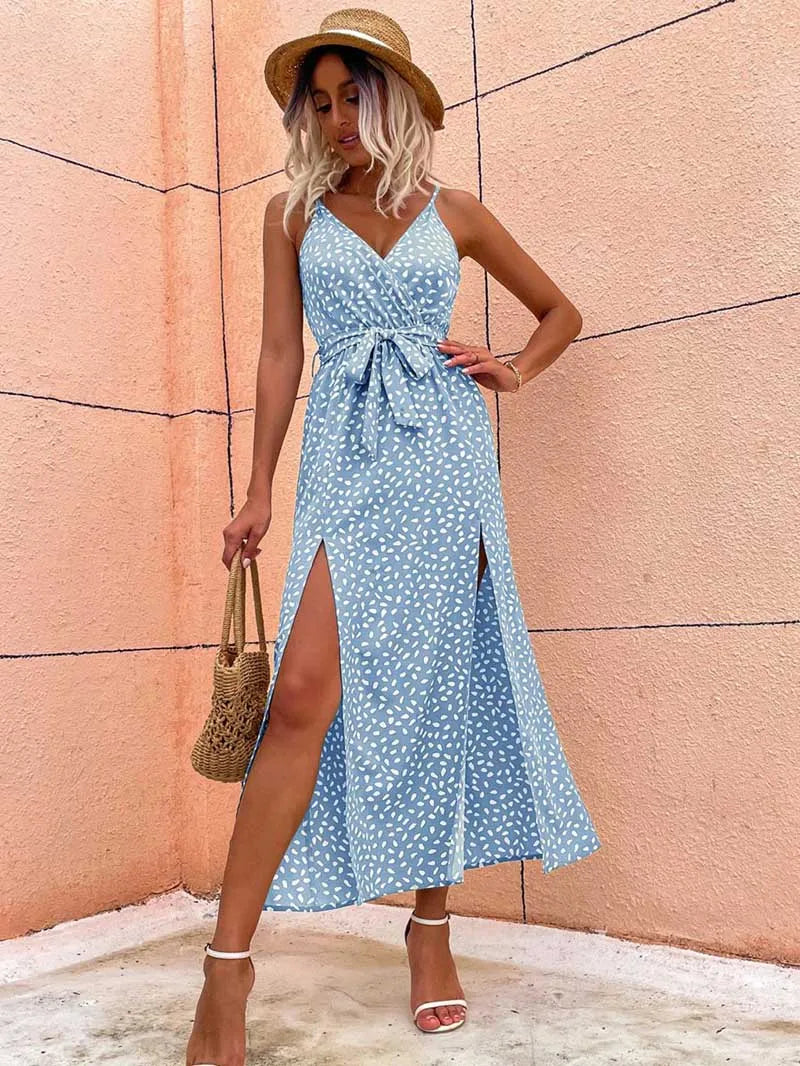 Summer Floral Print Long Dress Women Sexy Backless Bandage Slit Beach Sundresses Casual Elegant Black V Neck Sleeveless Dress