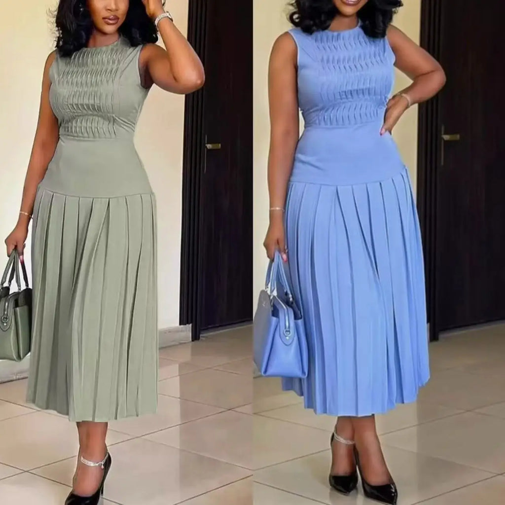 Women's Elegant Party Long Dress Summer Fashion Solid Color Sleeveless Slimming High Waist Pleated A-line Dress Ropa Para Mujer
