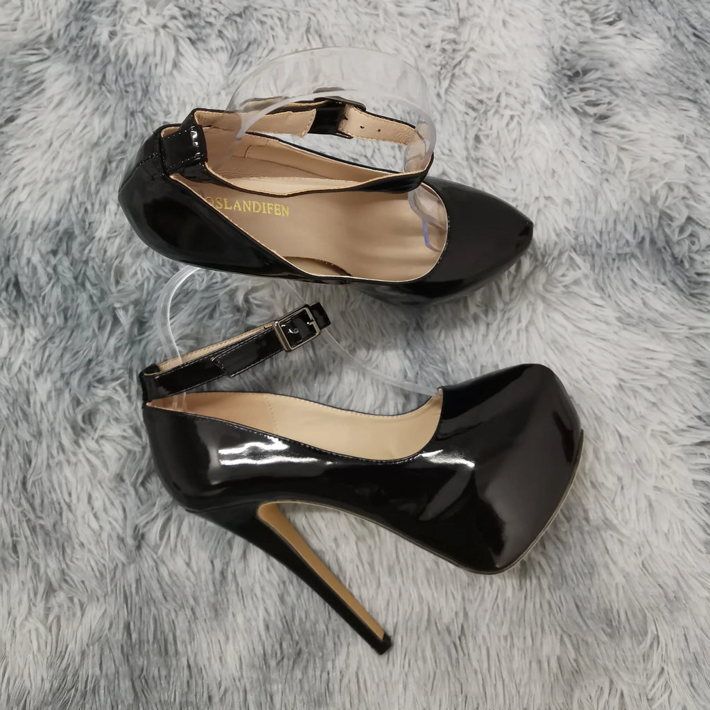 New Women Pumps 14cm Sexy Concise Buckle Supper High Heels Fashion Ankle Strap  Patent Leather Red Wedding Shoes Plus Size