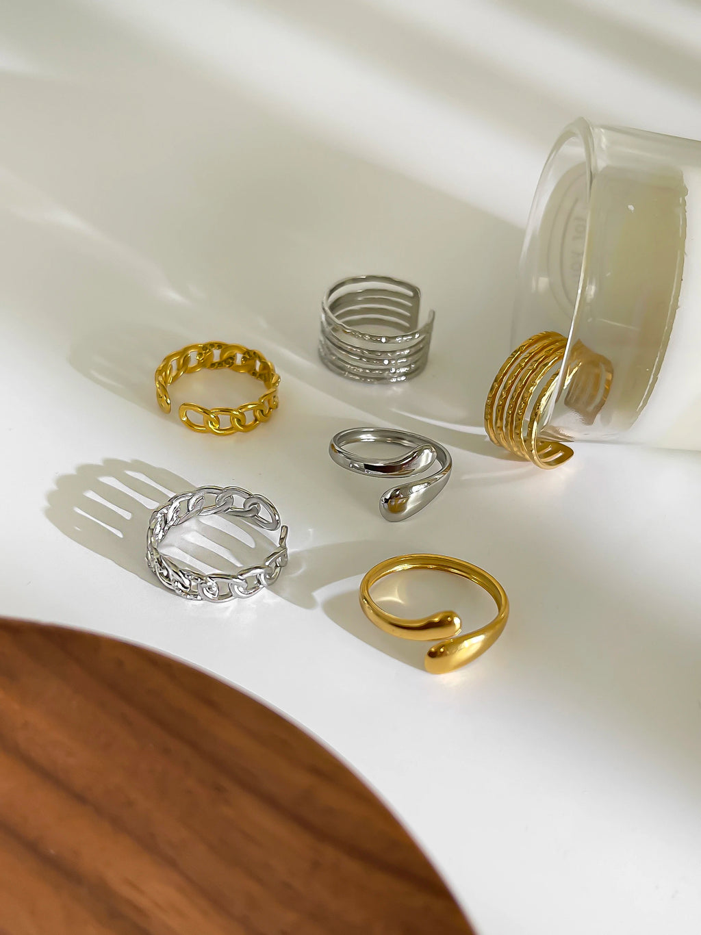 Peri'sbox 3pcs Stainless Steel Waterproof Women Rings Multi-layer Metal Texture Geometric Chain Open Ring Fashion Party Jewelry