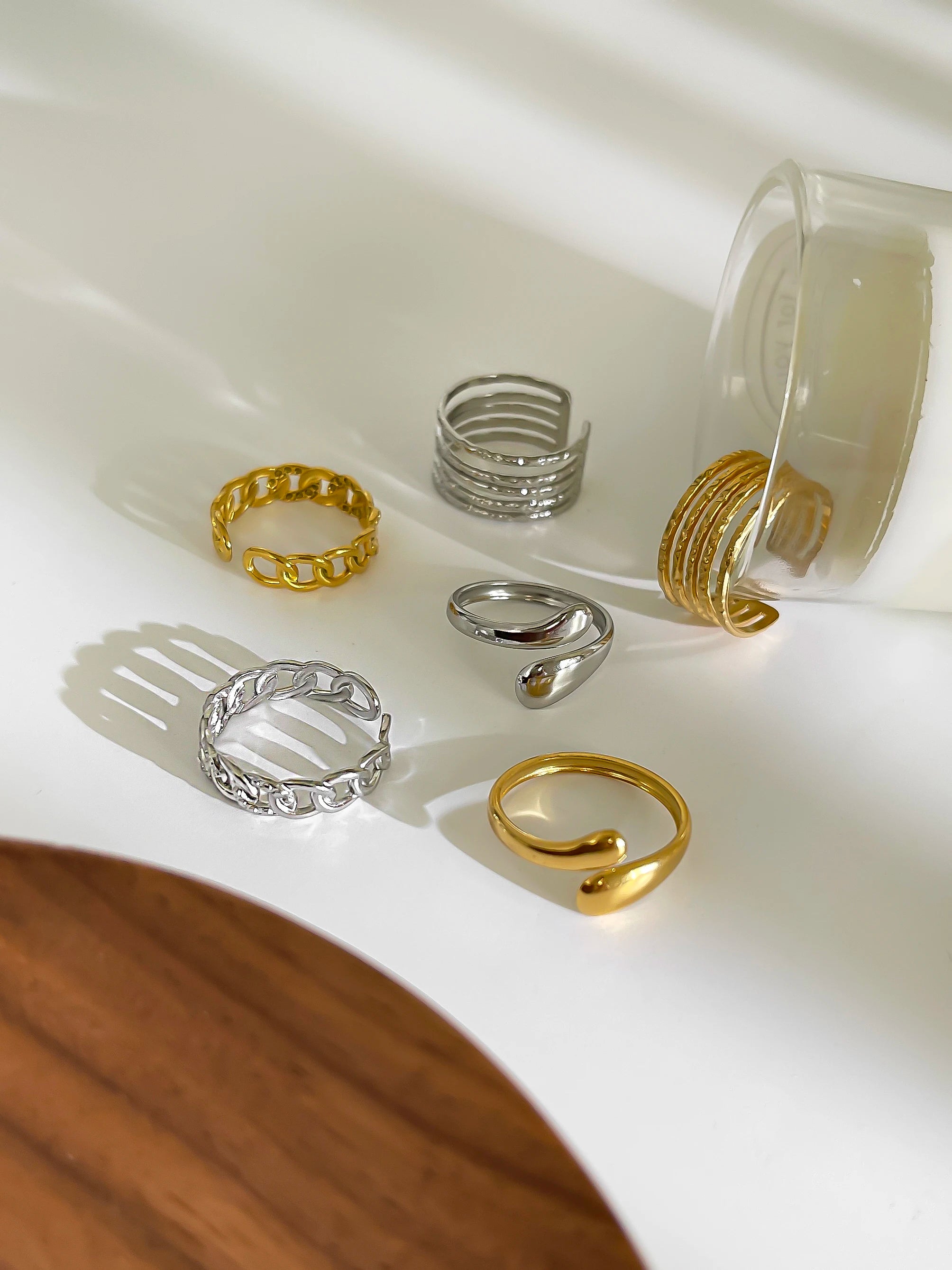 Peri'sbox 3pcs Stainless Steel Waterproof Women Rings Multi-layer Metal Texture Geometric Chain Open Ring Fashion Party Jewelry
