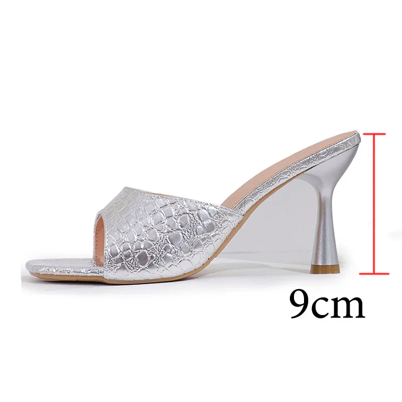 Luxury Gold Silver High Heels Sandals Women 2025 Slip On Square Toe Summer Slippers Woman Plus Size 43 Thin Heeled Party Shoes