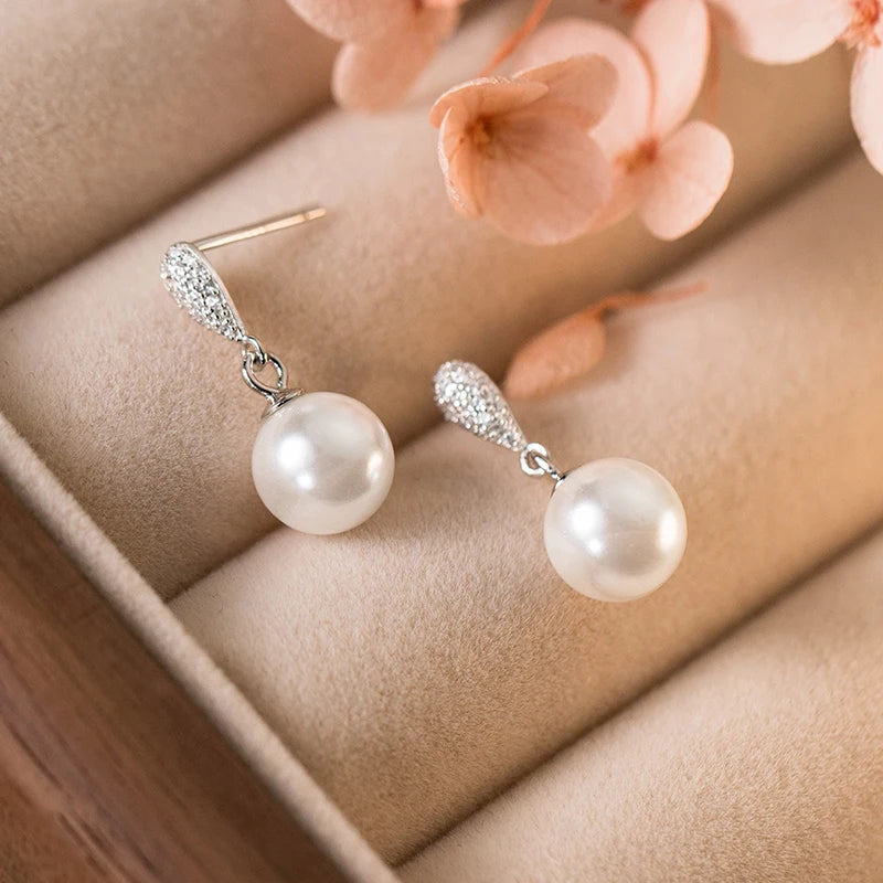 INZATT Real 925 Sterling Silver Full Zircon Water Drop Pearl Pendant Stud Earrings for Women OL Fine Jewelry Luxury Accessories