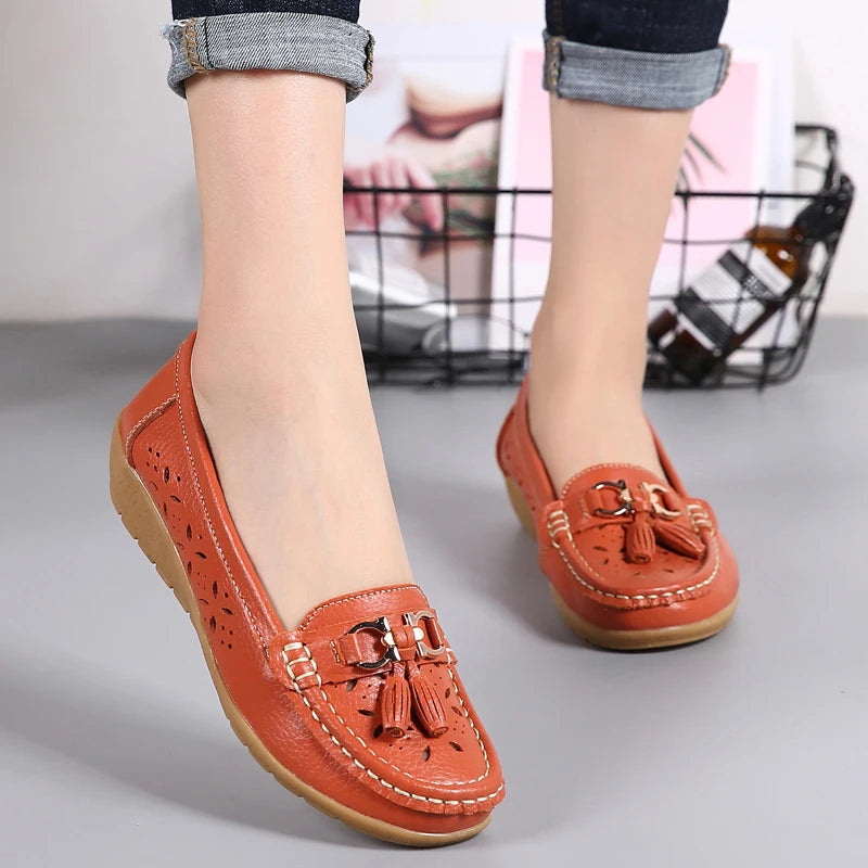 Women Wedge Flats Genuine Leather Slip On Loafers Moccasins Casual Shoes Luxury Brand Designs Big Size 41 42 43