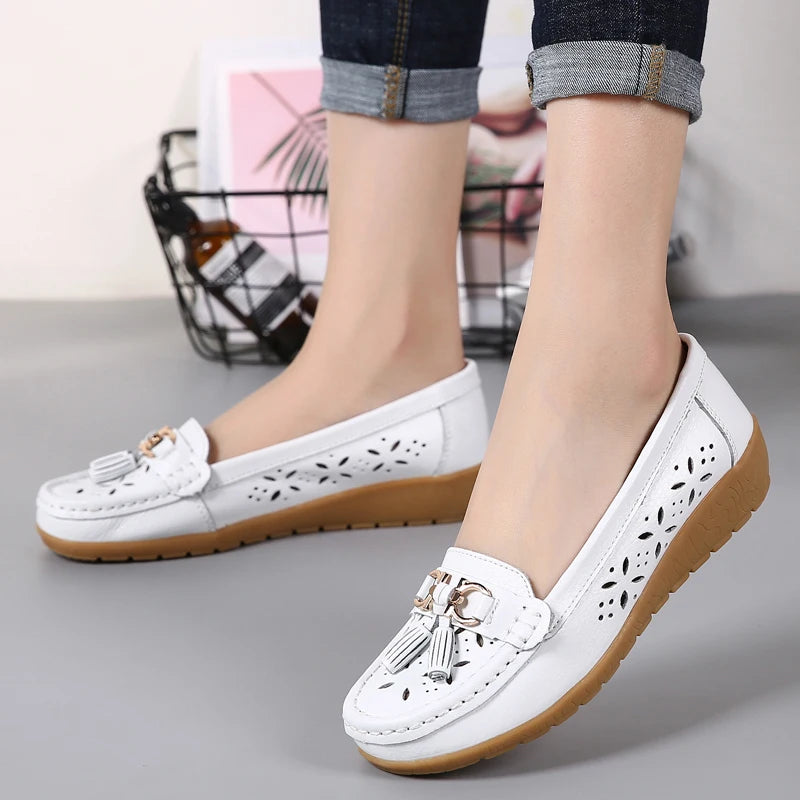 Women Wedge Flats Genuine Leather Slip On Loafers Moccasins Casual Shoes Luxury Brand Designs Big Size 41 42 43