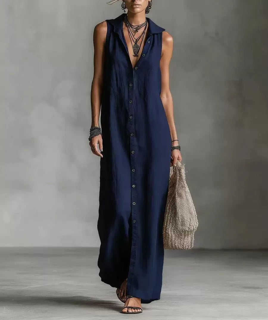 Women Dresses 2026 New summer solid color button open stitch sleeveless long dresses women's clothing vestidoes