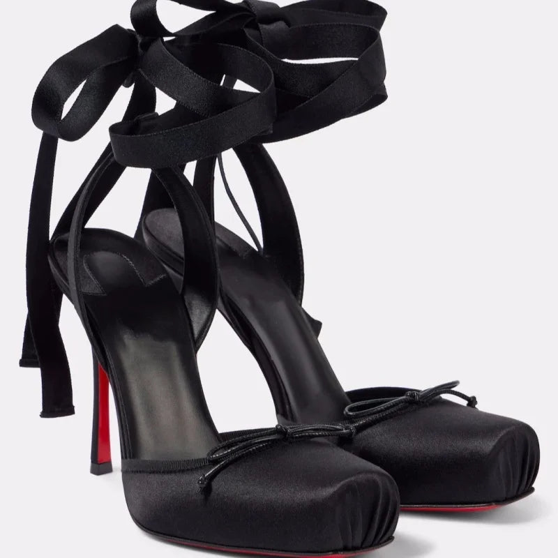 Luxury Design Woman Sandals 2026 Summer High Quality Square Satin High-heeled Female Shoes With Ankle Straps Wedding Flip Flops