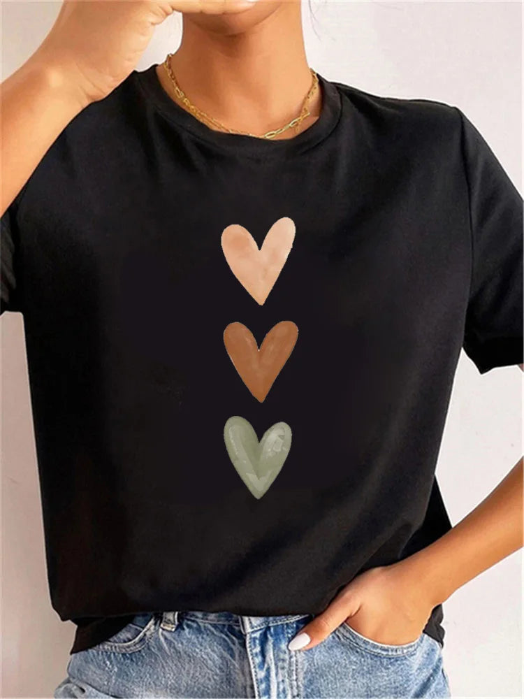 Fashion Funny Love Heart T Shirts Casual Round Neck Women's Clothing Summer Short Sleeve Graphic Female Tops Tees
