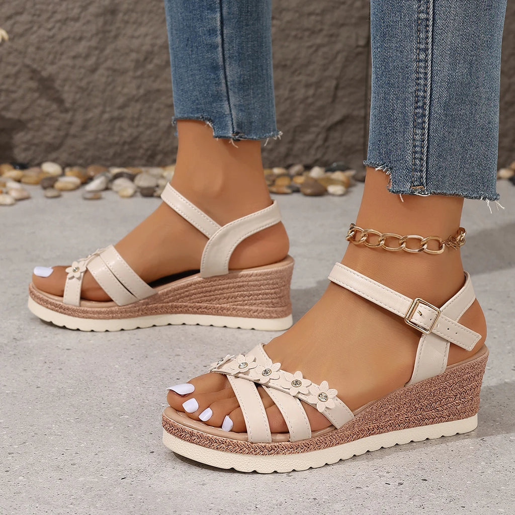 Women's Fashion Flowers Wedge Sandals Lightweight Ankle Strap Platform Sandals Women 2024 Summer Non Slip Beach Sandalias Mujer