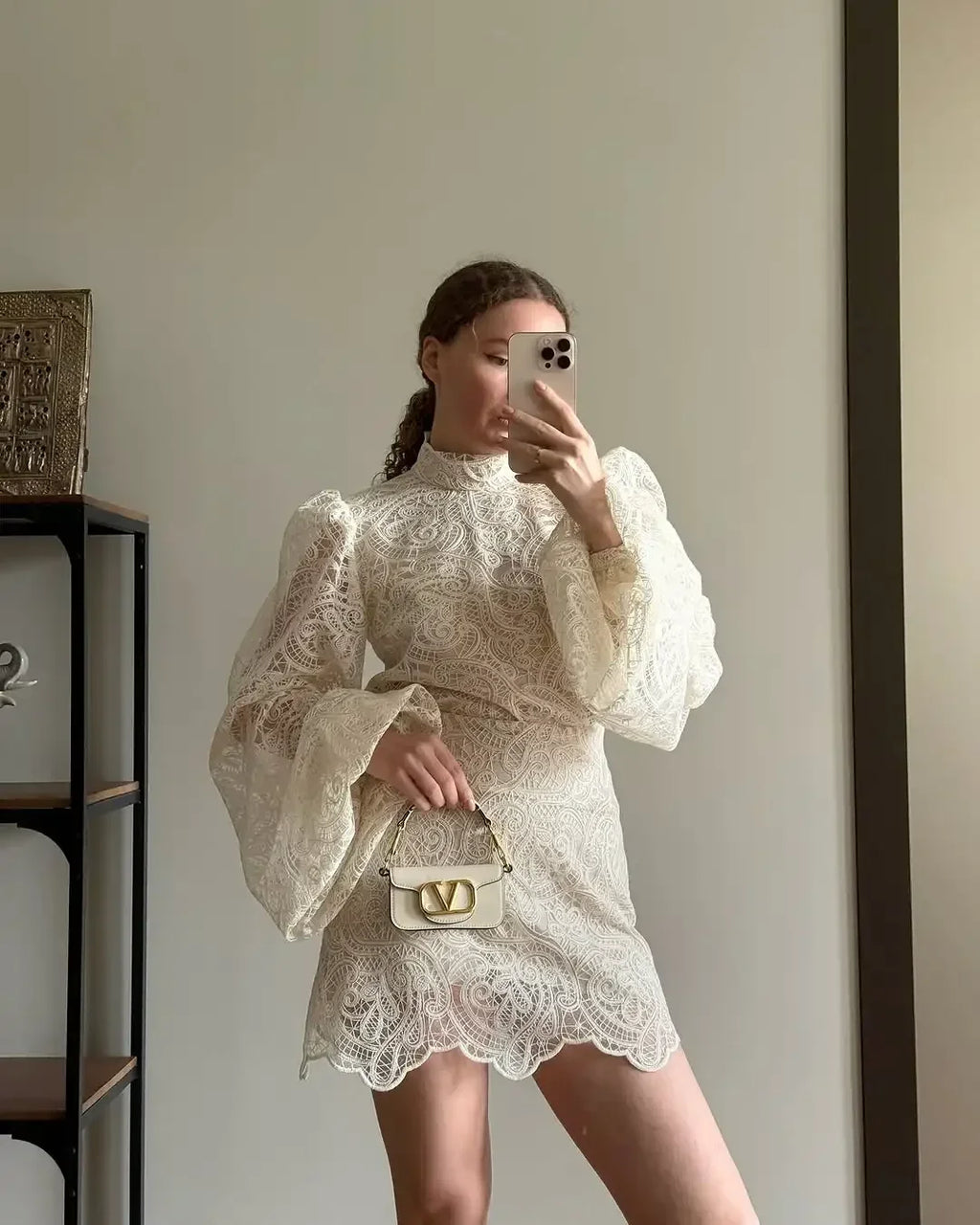 Lace Elegant Skirt Two Piece Set Women Turtleneck Hollow Out Lantern Sleeve Tops Irregular Hem Mini Skirt 2025 Chic Party Suit