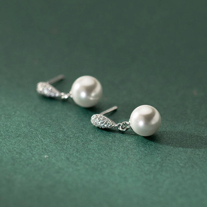 INZATT Real 925 Sterling Silver Full Zircon Water Drop Pearl Pendant Stud Earrings for Women OL Fine Jewelry Luxury Accessories