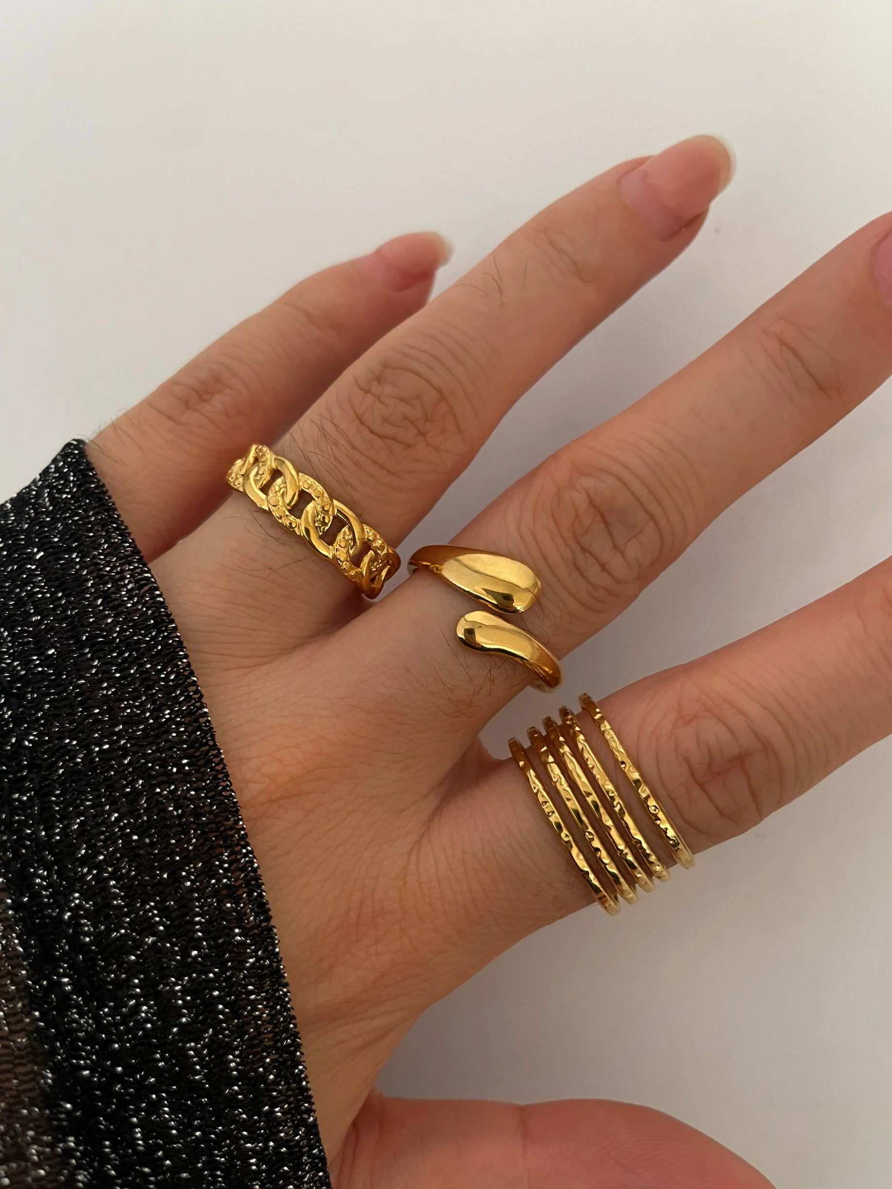 Peri'sbox 3pcs Stainless Steel Waterproof Women Rings Multi-layer Metal Texture Geometric Chain Open Ring Fashion Party Jewelry