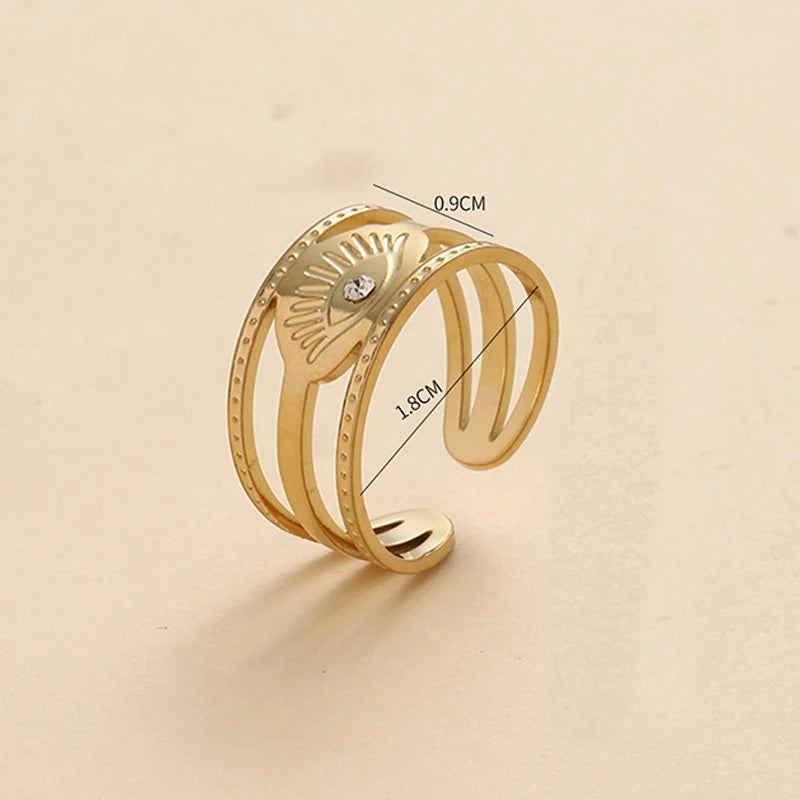 Geometric Zircon Rings For Women Gold Color Stainless Steel Flower Heart Hollow Multilayer Adjustable Open Rings Jewelry Gifts
