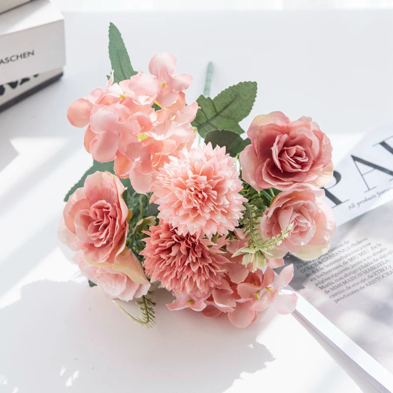 Artificial Silk Hydrangea Rose Flowers Wedding Bridal Bouquet Outdoor Yard Holiday Ornament Vase Home Room Decoration Scrapbooks