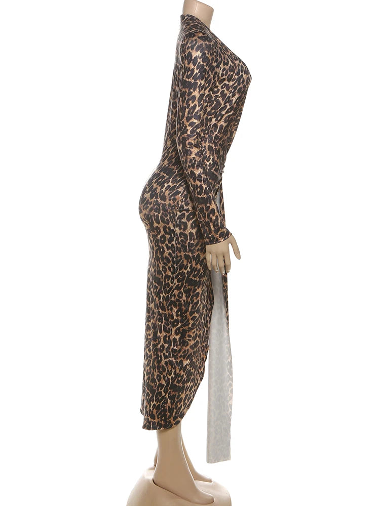 Weird Puss Leopard Print Women Dress Y2K Sexy Deep V-Neck Ruched Ribbon Skinny High Split Nightclub Party Fall Hipster Vestidos