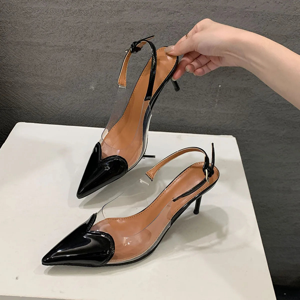 Heart Shaped Women Pumps Elegant Pointed toe Transparent PVC Slingbacks Stiletto High heels Party Shoes