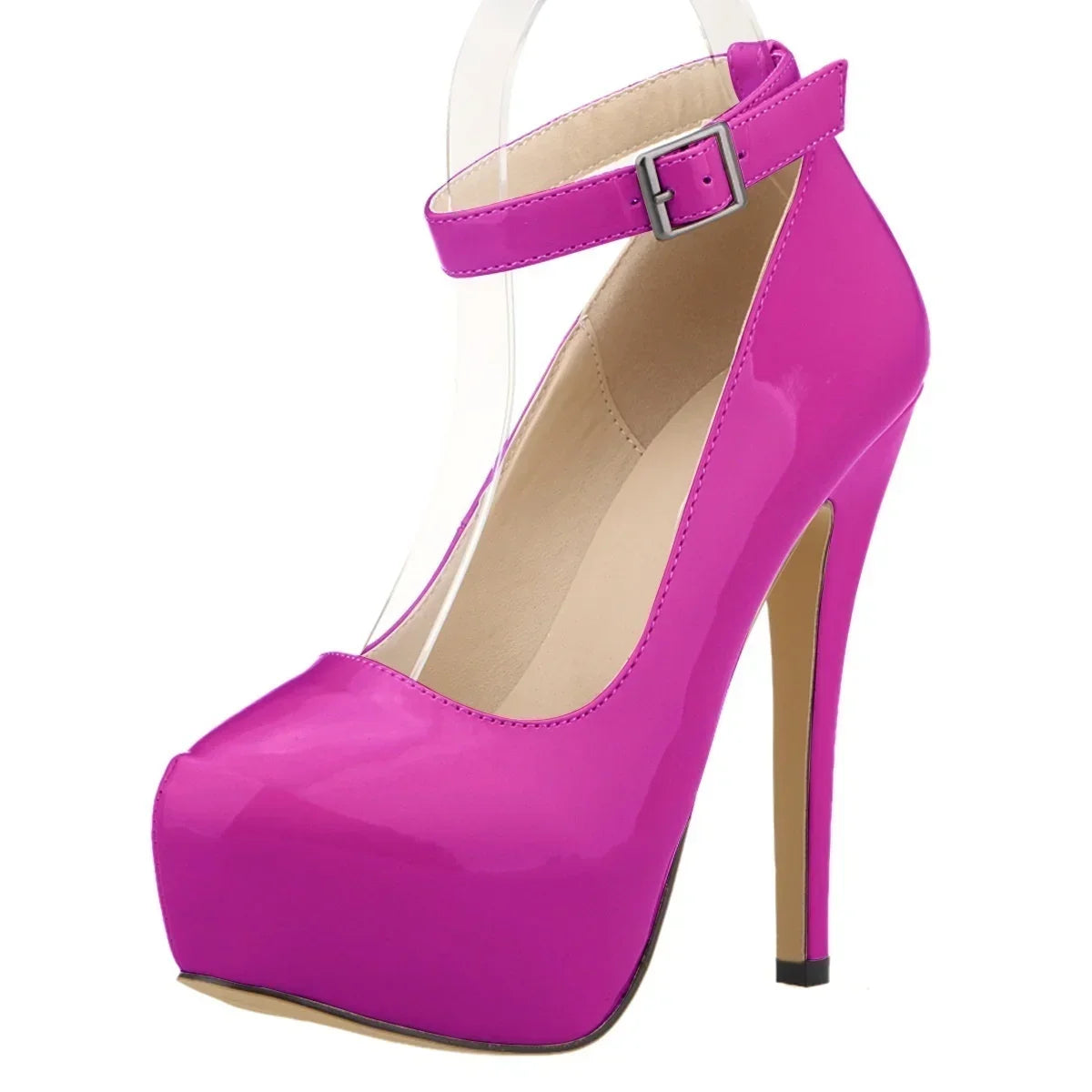 New Women Pumps 14cm Sexy Concise Buckle Supper High Heels Fashion Ankle Strap  Patent Leather Red Wedding Shoes Plus Size