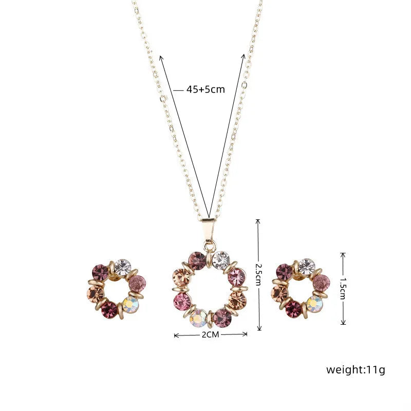 3pcs Gold Necklace Earrings Set Ladies Celebrity Simple Fashion Style Exquisite Stained Glass Diamond Circle Shape Jewelry