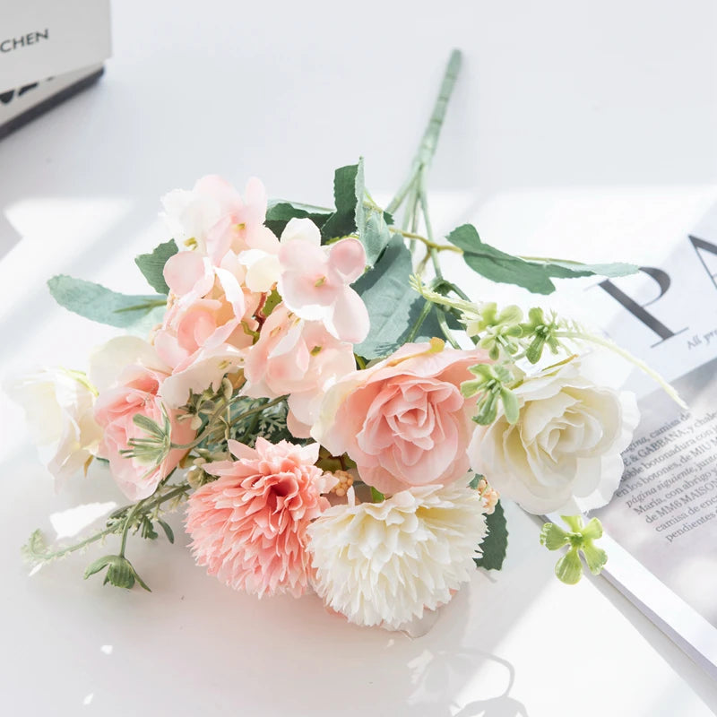 Artificial Silk Hydrangea Rose Flowers Wedding Bridal Bouquet Outdoor Yard Holiday Ornament Vase Home Room Decoration Scrapbooks