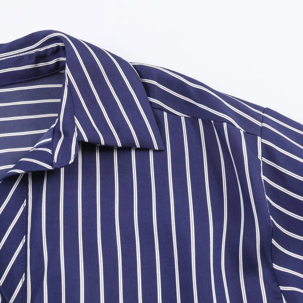 European and American style spring and summer new product women's clothing lapel bubble sleeve casual commuting striped shirt