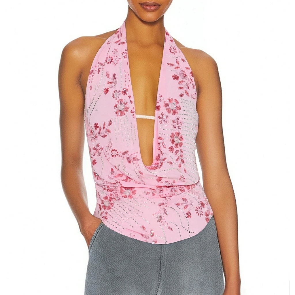 Combhasaki Women's Y2K Glitter Lace-up Halter Cowl Neck Sheer Vest Summer Sleeveless Open Back Flower Sequins Beaded Tank Tops
