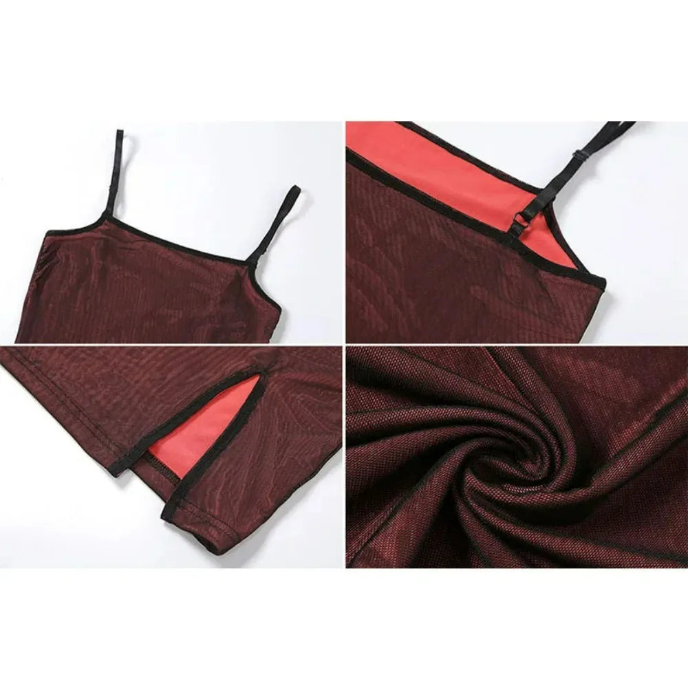 Sexy Wine Red Mesh Skinny Mini Dress Women Elegant Elastic Split Sleeveless Party Vestidos Clubwear Slim Sling Bodycon Dresses