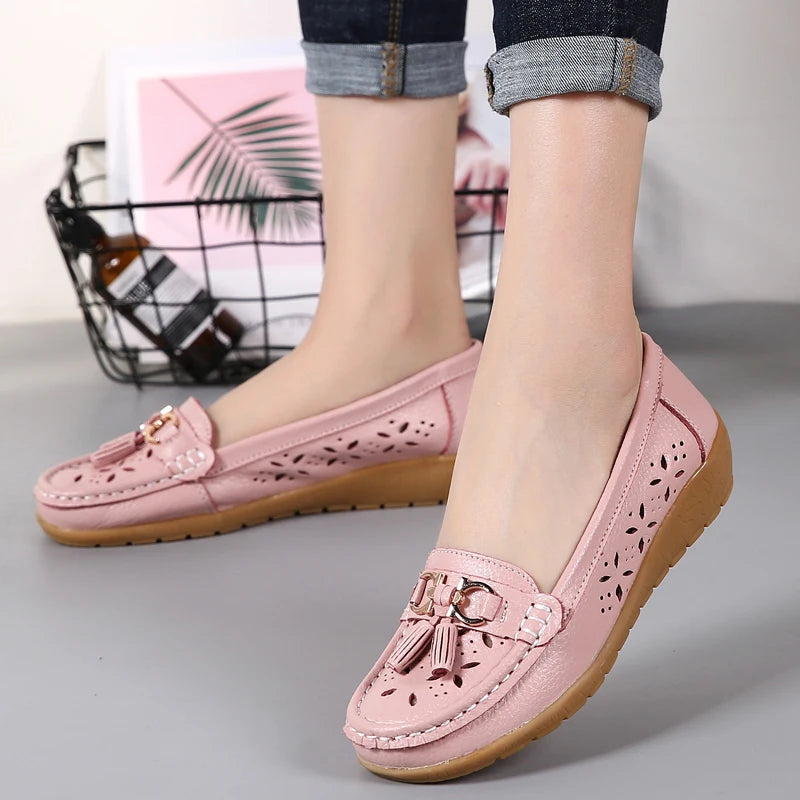 Women Wedge Flats Genuine Leather Slip On Loafers Moccasins Casual Shoes Luxury Brand Designs Big Size 41 42 43