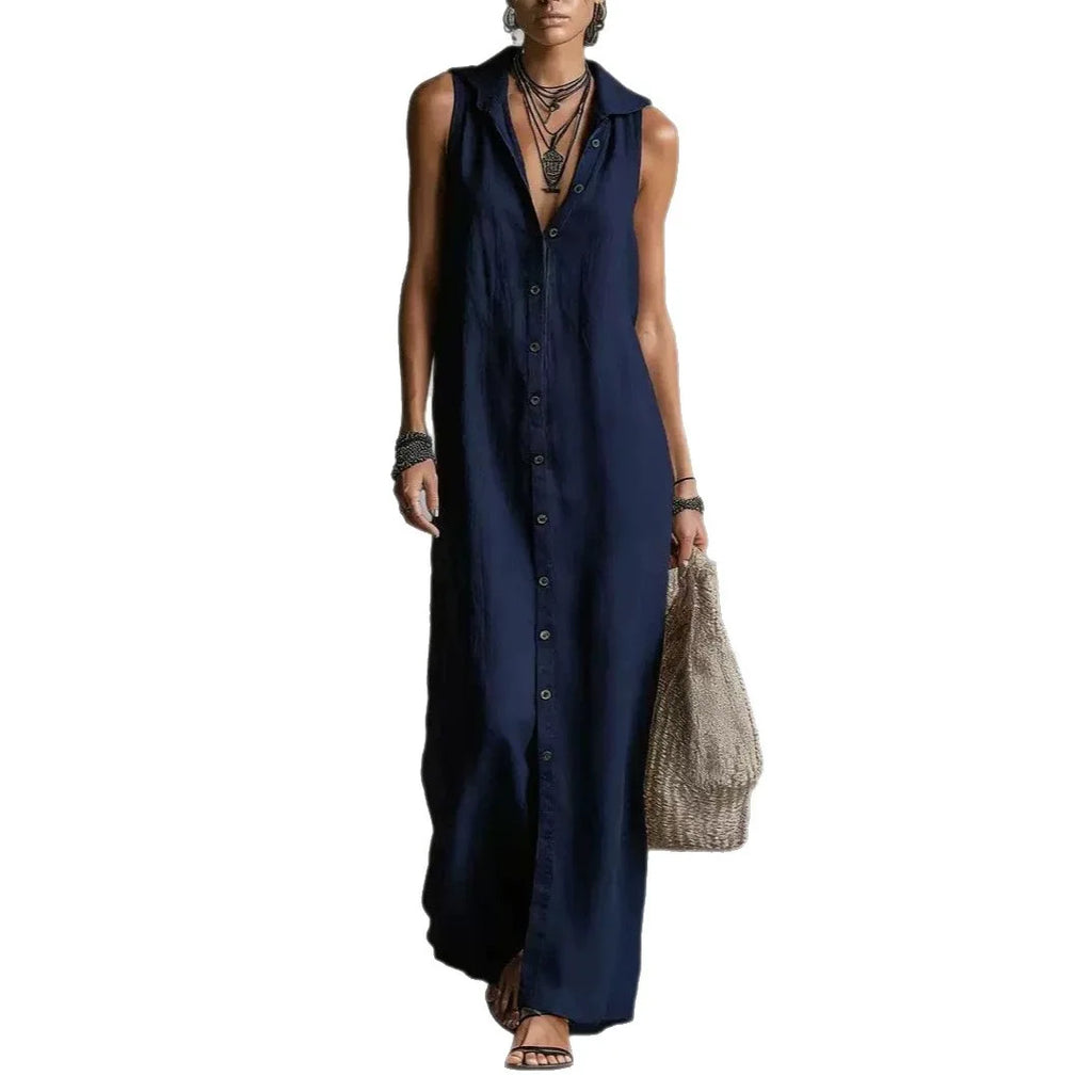 Women Dresses 2026 New summer solid color button open stitch sleeveless long dresses women's clothing vestidoes