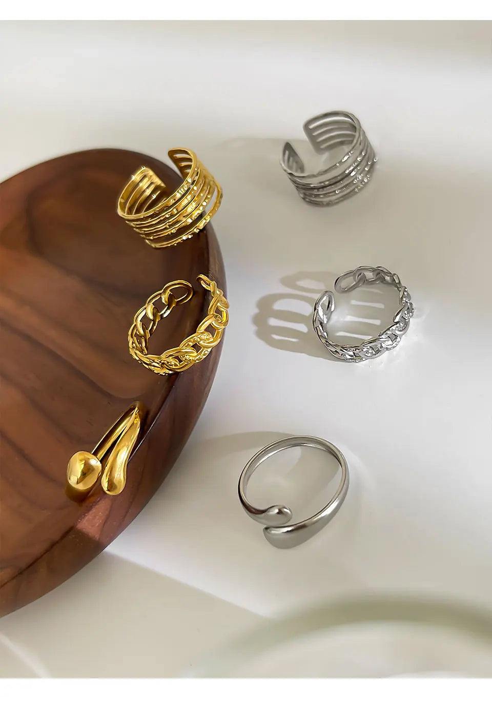 Peri'sbox 3pcs Stainless Steel Waterproof Women Rings Multi-layer Metal Texture Geometric Chain Open Ring Fashion Party Jewelry
