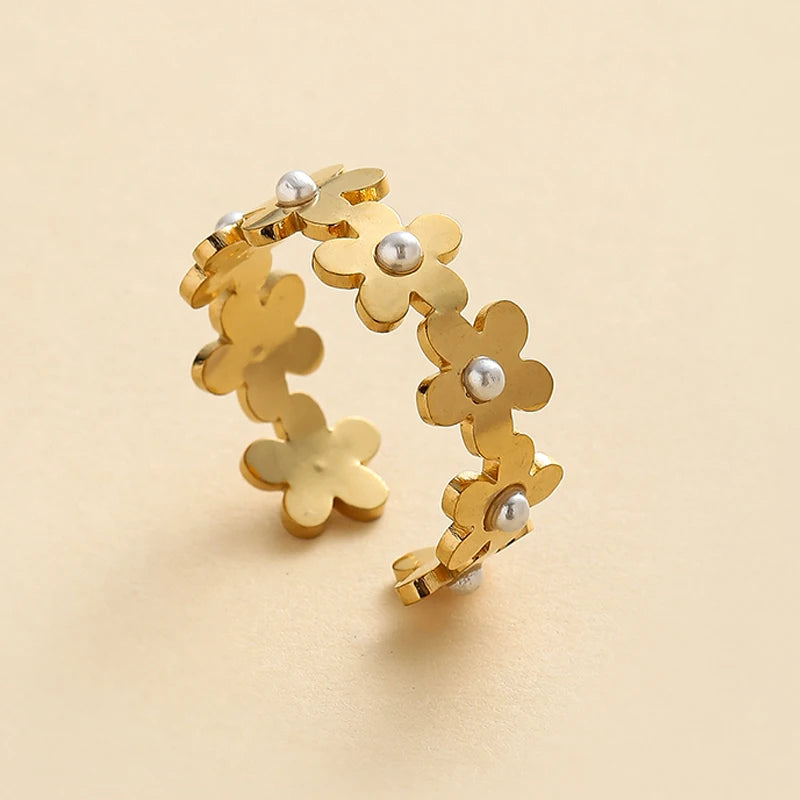 Geometric Zircon Rings For Women Gold Color Stainless Steel Flower Heart Hollow Multilayer Adjustable Open Rings Jewelry Gifts