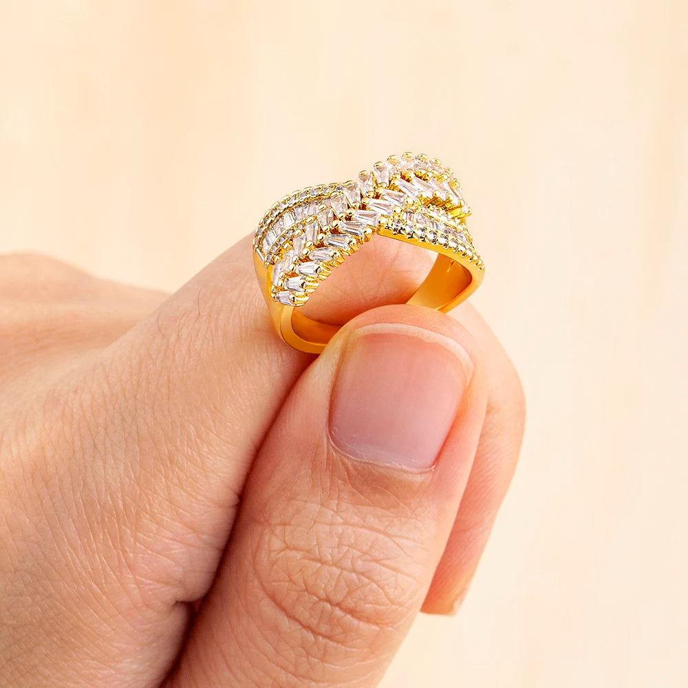 Nidin New Trendy Crystal Double Deck Cross Rings Charm Cubic Zirconia Intersect Opening Adjustable Finger Ring Jewelry Gift