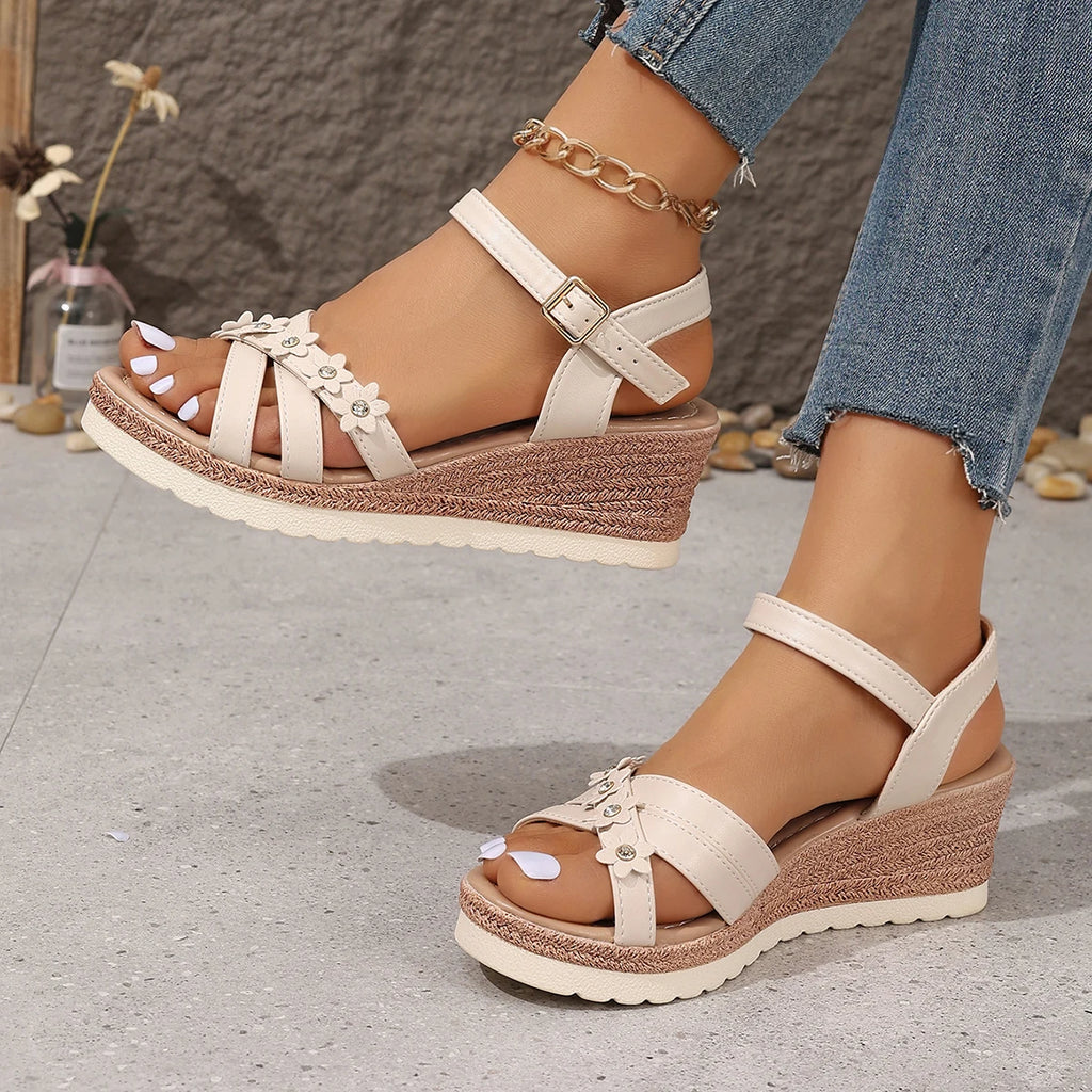 Women's Fashion Flowers Wedge Sandals Lightweight Ankle Strap Platform Sandals Women 2024 Summer Non Slip Beach Sandalias Mujer