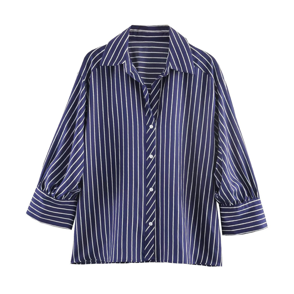 European and American style spring and summer new product women's clothing lapel bubble sleeve casual commuting striped shirt