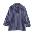 European and American style spring and summer new product women's clothing lapel bubble sleeve casual commuting striped shirt